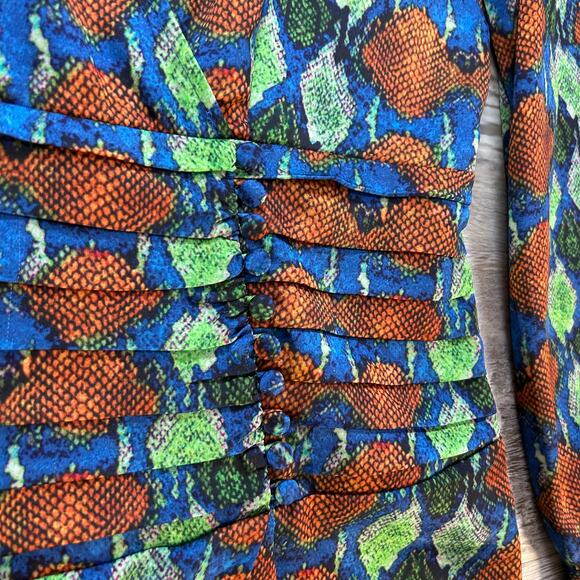 Uterqüe Midi Dress Multicolor Snake Print Long Sleeve Ruched Waist Large - Picture 2 of 8